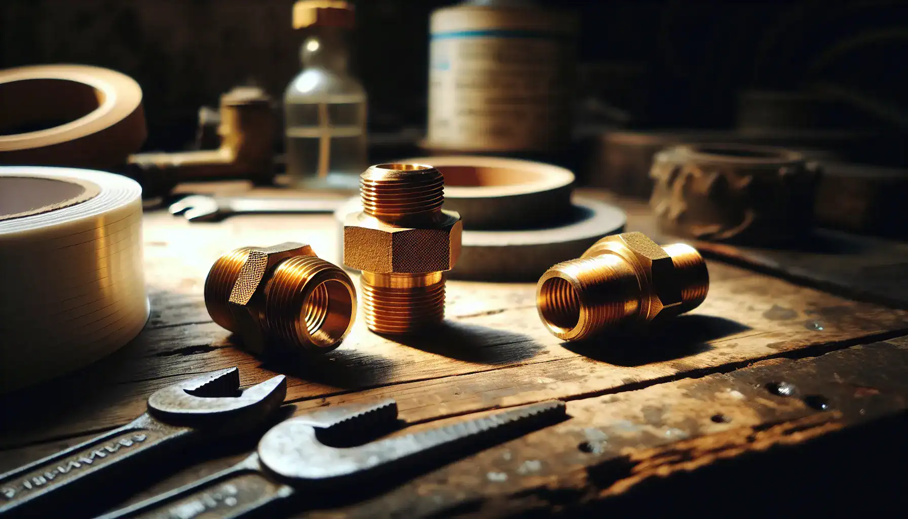 brass-mnpt-male-and-female-pipe-connectors-with-ptfe-tape-on-wooden-workbench
