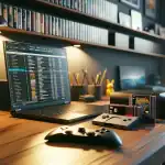 gaming-desk-with-laptop-showing-switch-emulator-nintendo-switch-console-and-game-cartridges