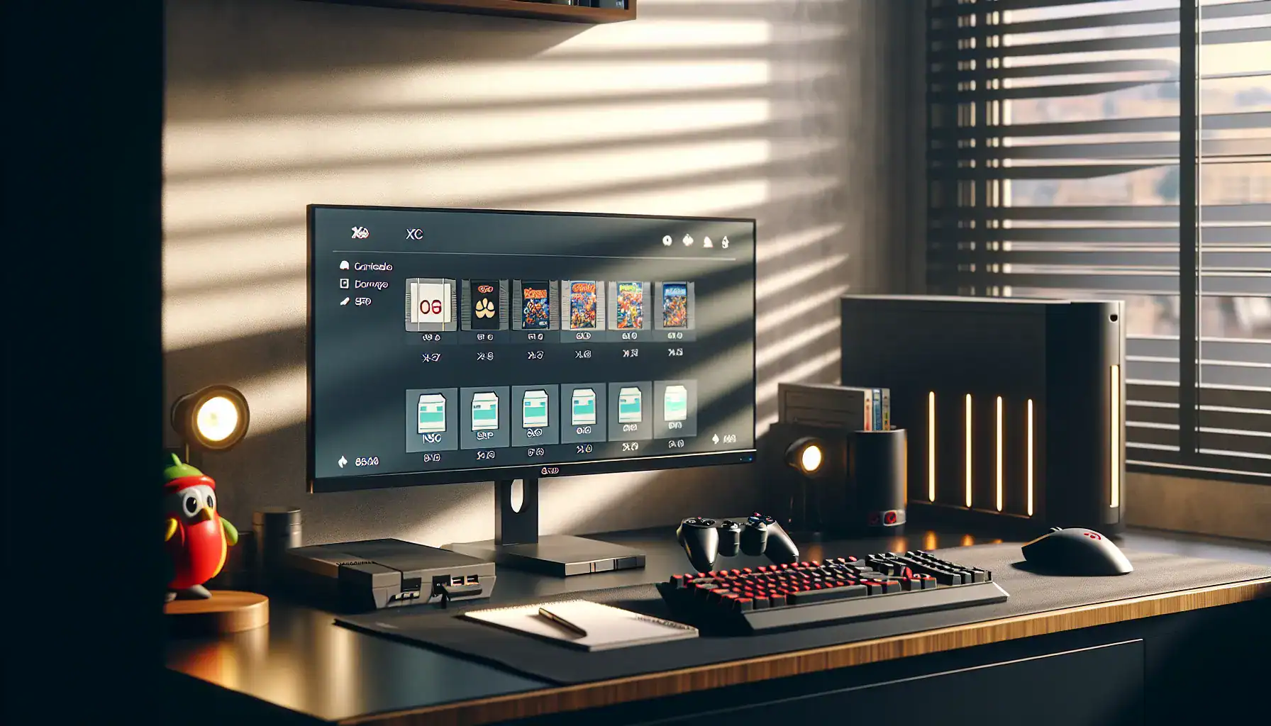 gaming-desk-with-monitor-showing-yuzu-emulator-xci-and-nsp-file-comparison-next-to-nintendo-switch-c
