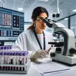 Diferencia Entre CBC y CBC con Diff laboratory-technician-examining-blood-sample-under-microscope-with-cbc-test-results-on-monitor