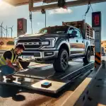 pickup-truck-with-loaded-trailer-at-weigh-station-in-spain-driver-inspecting-certification-label