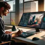 split-screen-of-two-designers-working-with-adobe-xd-interface-and-3d-modeling-software-in-barcelona