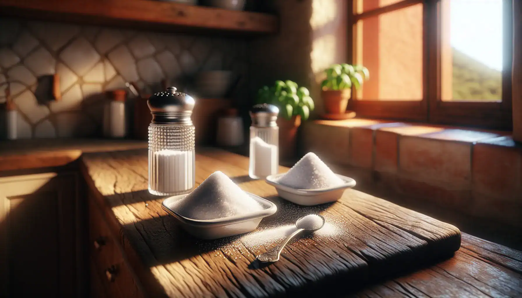 two-white-dishes-with-common-salt-and-iodized-salt-side-by-side-on-a-wooden-kitchen-counter