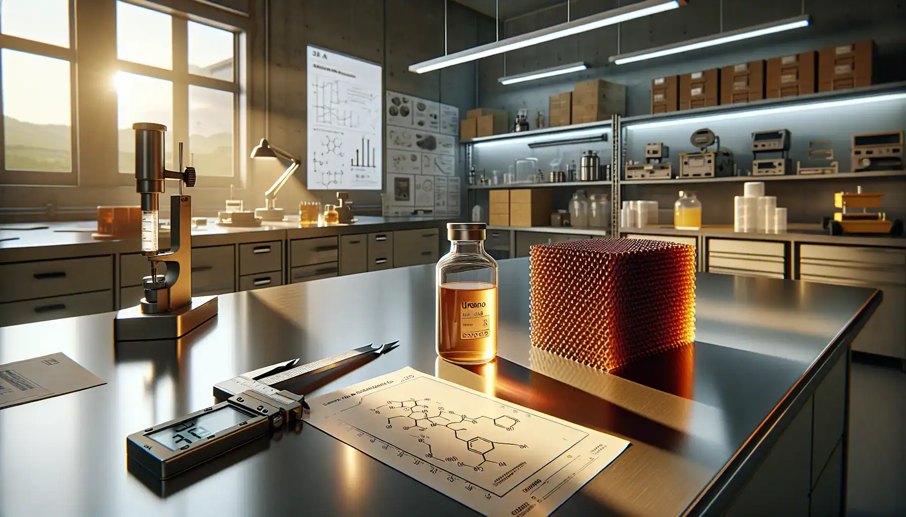 urethane-liquid-vial-and-solid-polyurethane-block-compared-on-laboratory-workbench