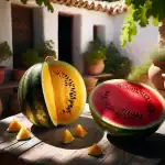 yellow-and-red-watermelon-halves-side-by-side-on-a-wooden-table-in-spanish-summer-garden