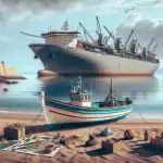 a-fishing-boat-on-a-beach-with-a-ship-in-the-background