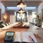 a-multimeter-and-booklet-on-a-dining-table-under-energy-efficient-lighting