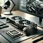 a-table-displaying-a-graphics-card-and-gpu-chip-with-a-modern-tech-setup